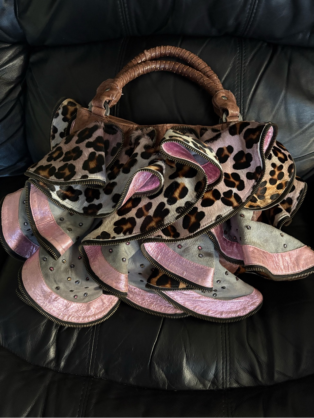Kippys Leopard Print Statement Satchel Bag With Pink And Grey Accents
